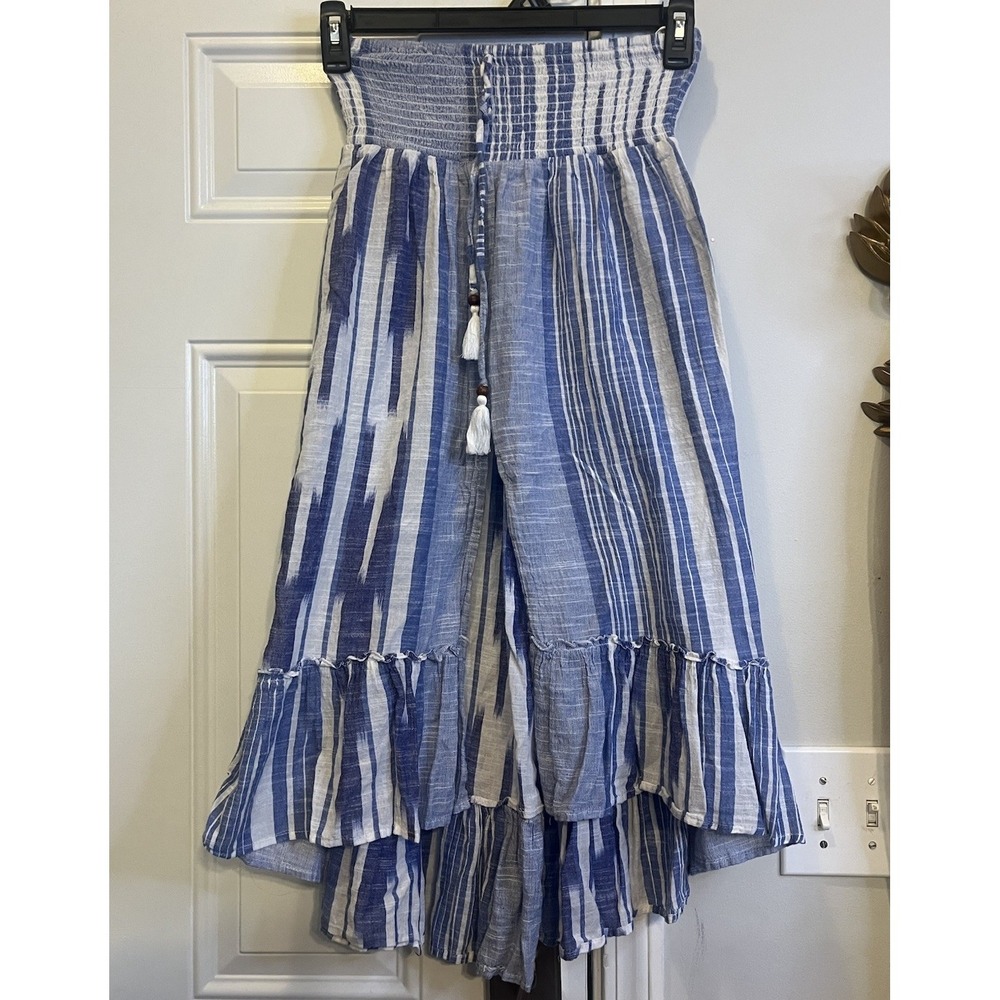 Blue Island Boho Western Tube Top Dress Small Blue White Stripe Tassel Festival